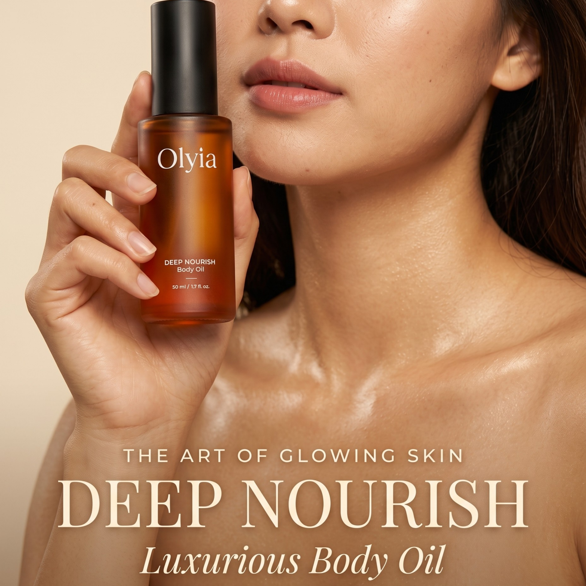 Olyia Deep Nourish Body Oil held against glowing skin