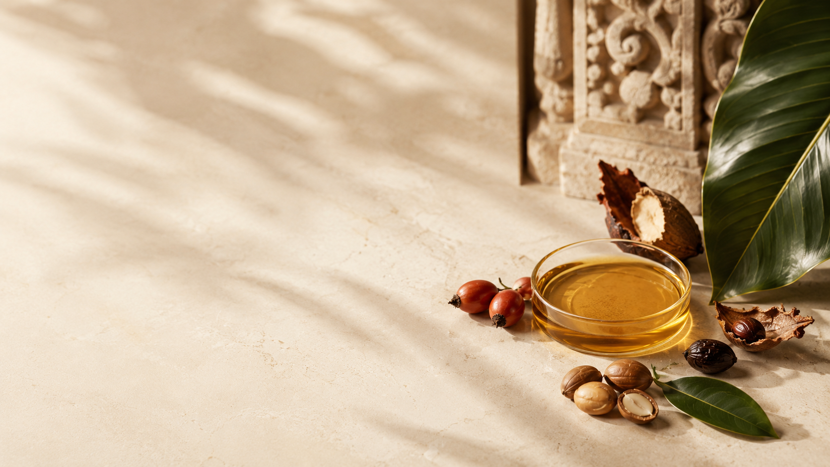 Pure botanical oils and tropical ingredients arranged in warm Cambodian light