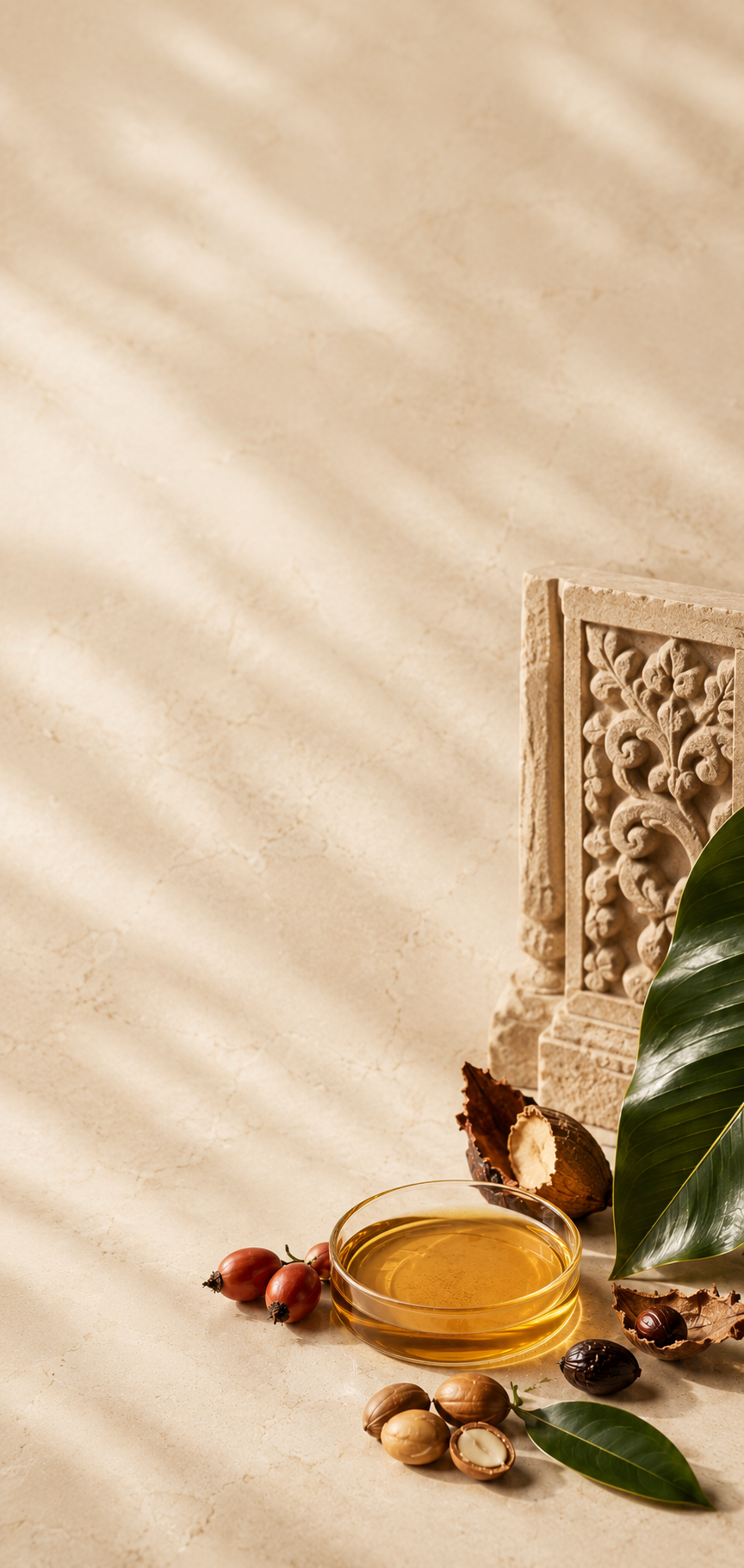 Pure botanical oils and tropical ingredients arranged in warm Cambodian light